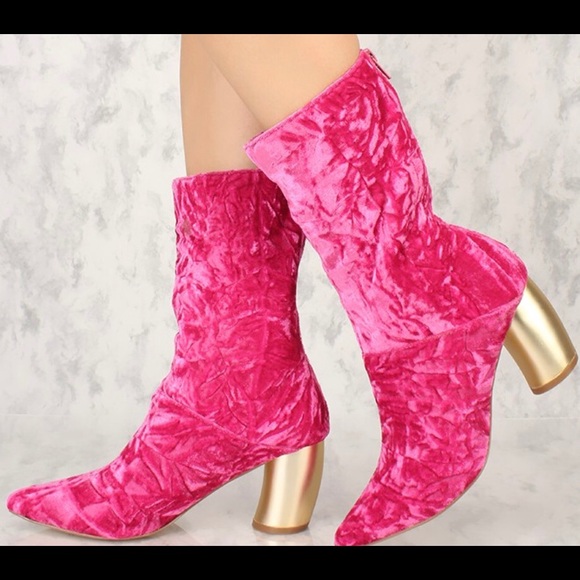 Shoe Republic LA Shoes - Hot Pink and Gold Unicorn Heel Velvet Ankle Boots